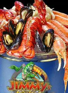 Jimmy's Seafood Buffet graphic representation of a bucket of crab legs and seafood with text below "buy merch!"