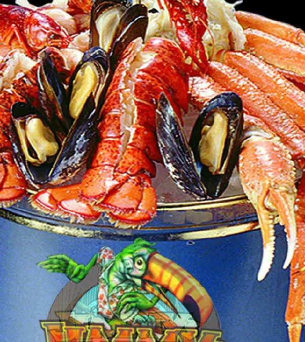 Jimmy's Seafood Buffet graphic representation of a bucket of crab legs and seafood with text below "buy merch!"